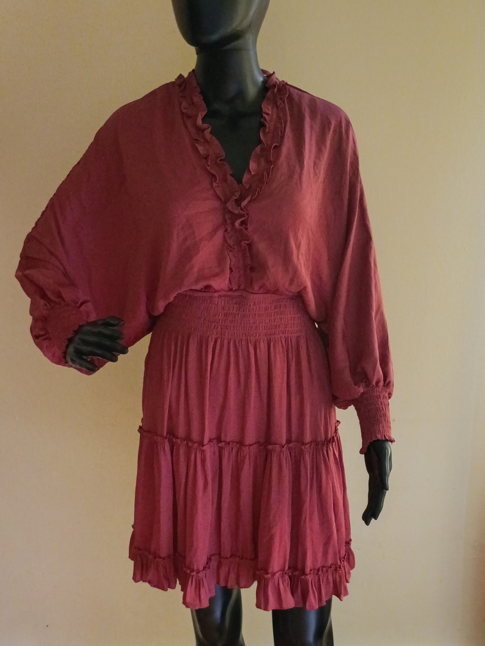 She + Sky Burgundy Ruffle Tiered Midi Dress